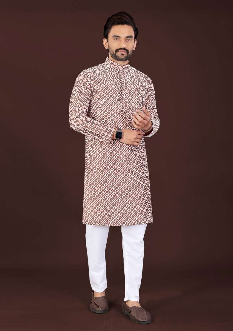 Rust Chikankari Cotton Kurta Pajama For Men - Indya