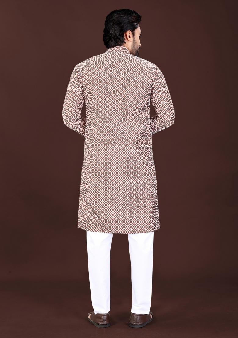 Rust Chikankari Cotton Kurta Pajama For Men - Indya