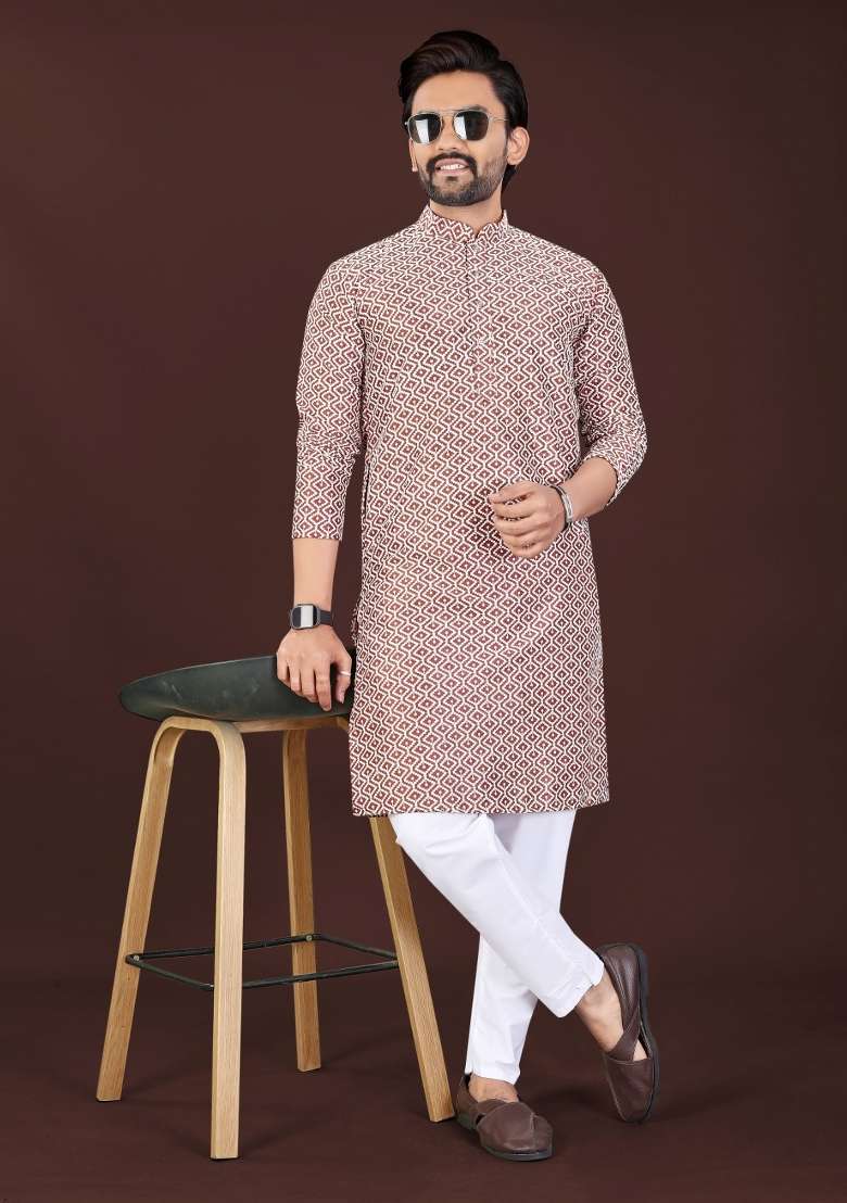 Rust Chikankari Cotton Kurta Pajama For Men - Indya