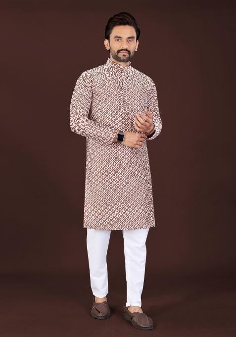 Rust Chikankari Cotton Kurta Pajama For Men