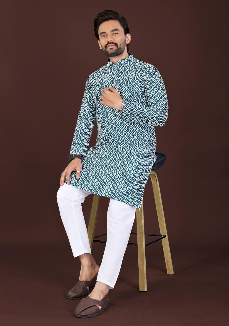 Teal Chikankari Cotton Kurta Pajama For Men - Indya