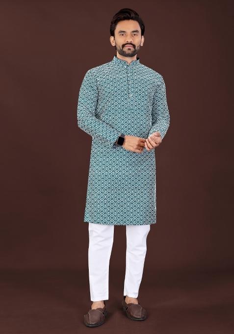 Teal Chikankari Cotton Kurta Pajama For Men