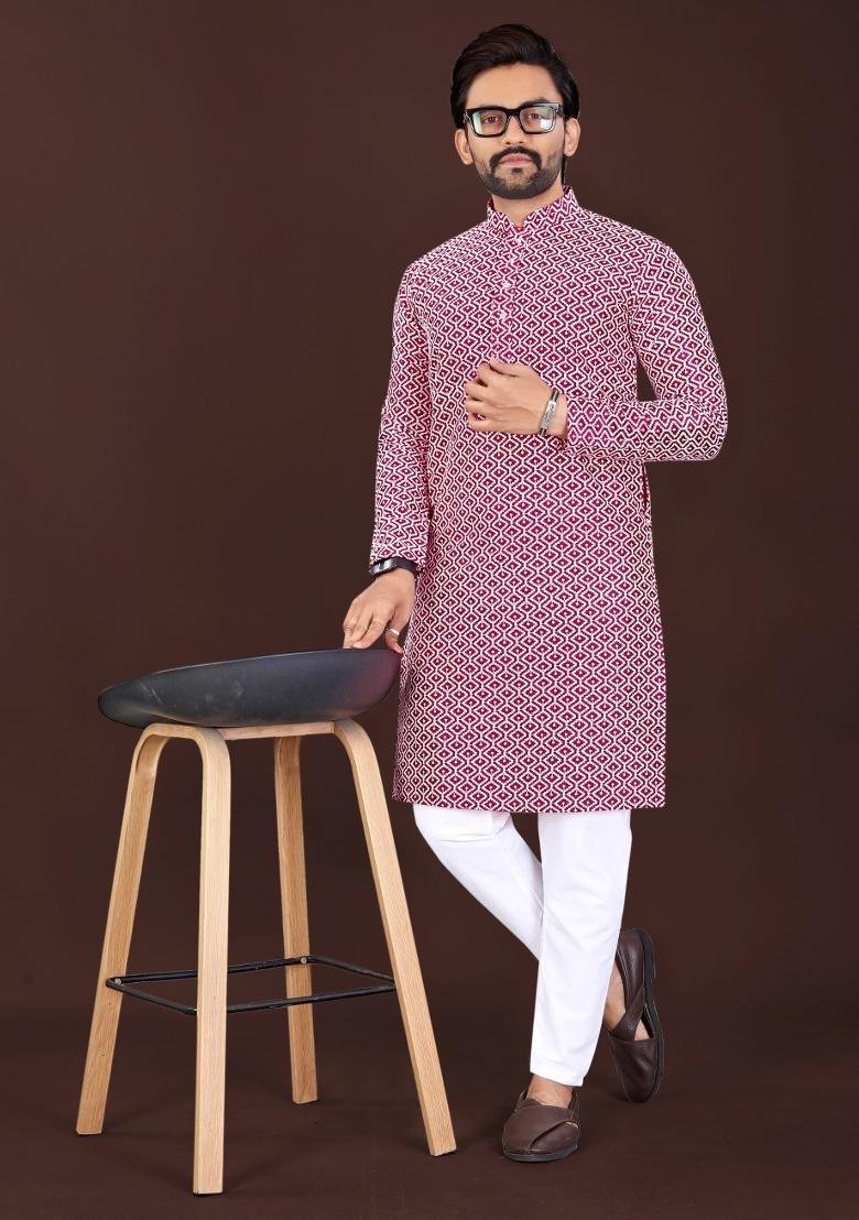 Pink Chikankari Cotton Kurta Pajama For Men - Indya