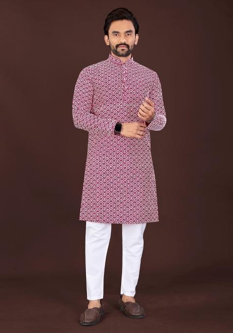 Pink Chikankari Cotton Kurta Pajama For Men
