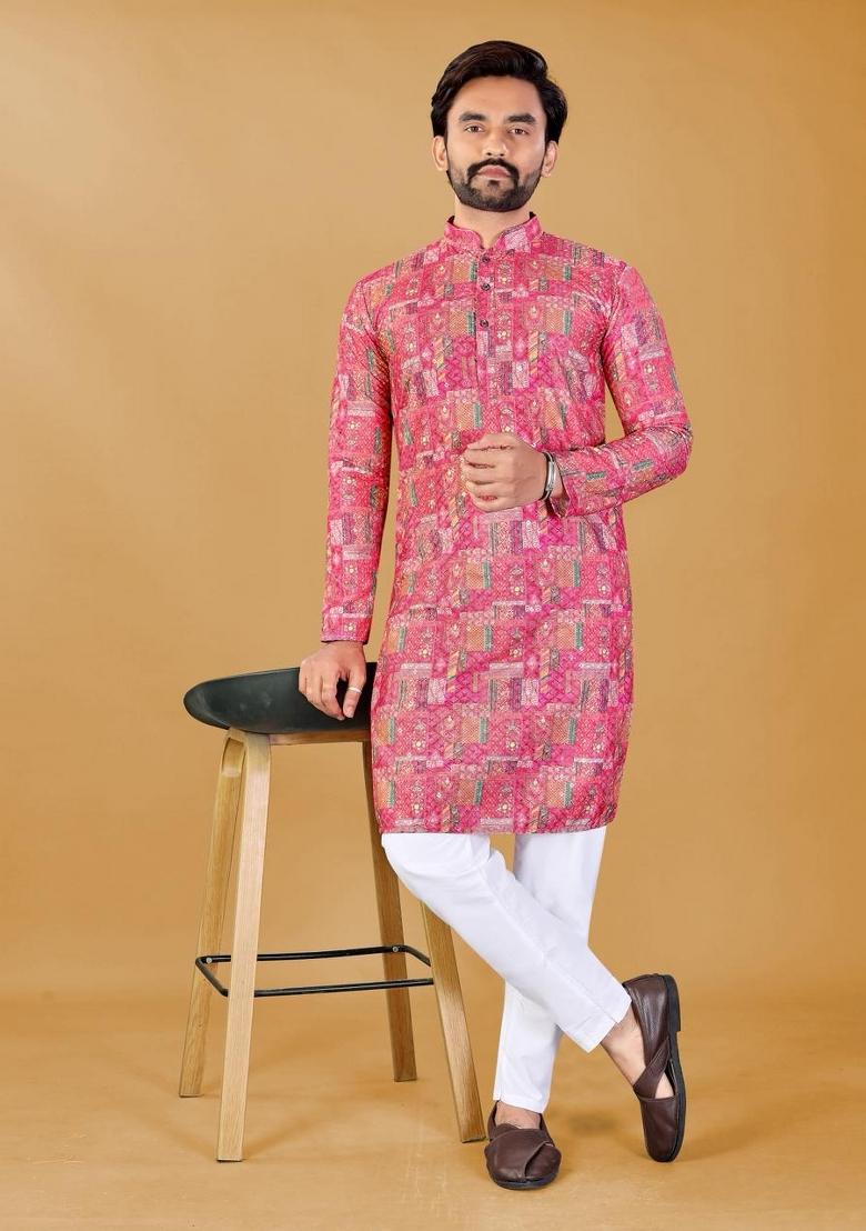 Pink Embroidered Rayon Kurta Pajama For Men - Indya