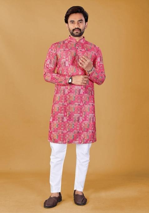 Pink Embroidered Rayon Kurta Pajama For Men