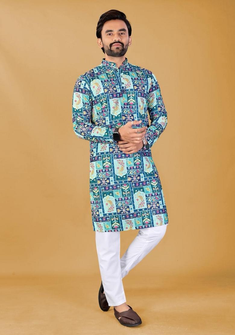 Blue Embroidered Rayon Kurta Pajama For Men - Indya