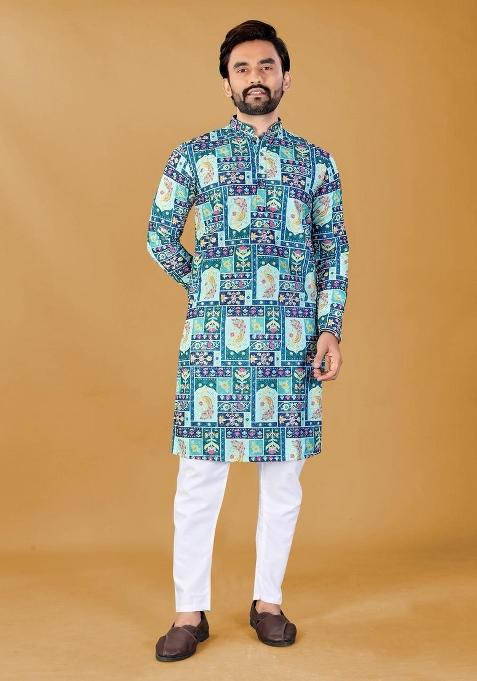 Blue Embroidered Rayon Kurta Pajama For Men