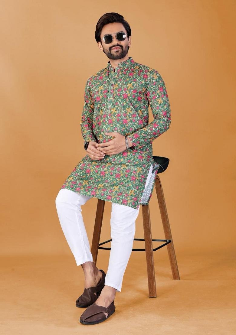 Green Embroidered Rayon Kurta Pajama For Men - Indya