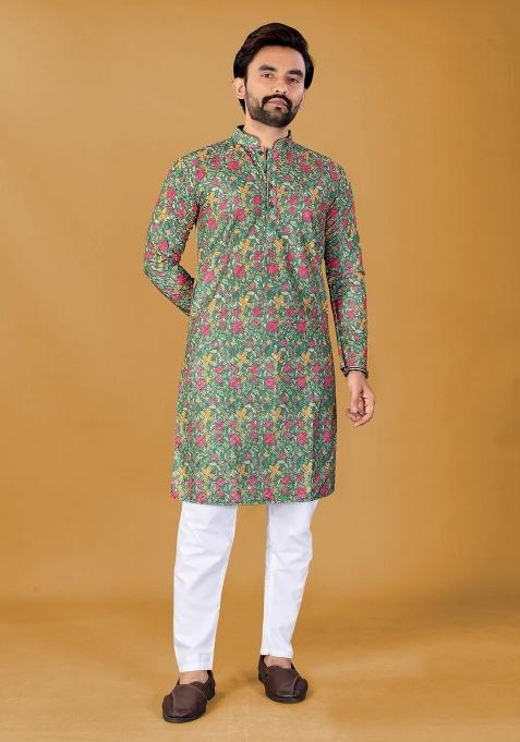 Green Embroidered Rayon Kurta Pajama For Men