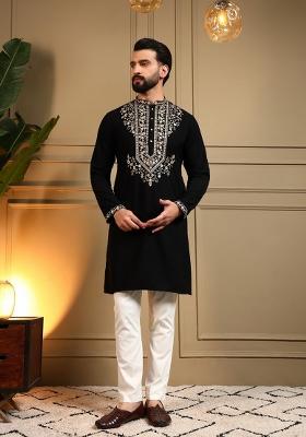 Black Embroidered Armani Lachko Kurta Pyjama For Men
