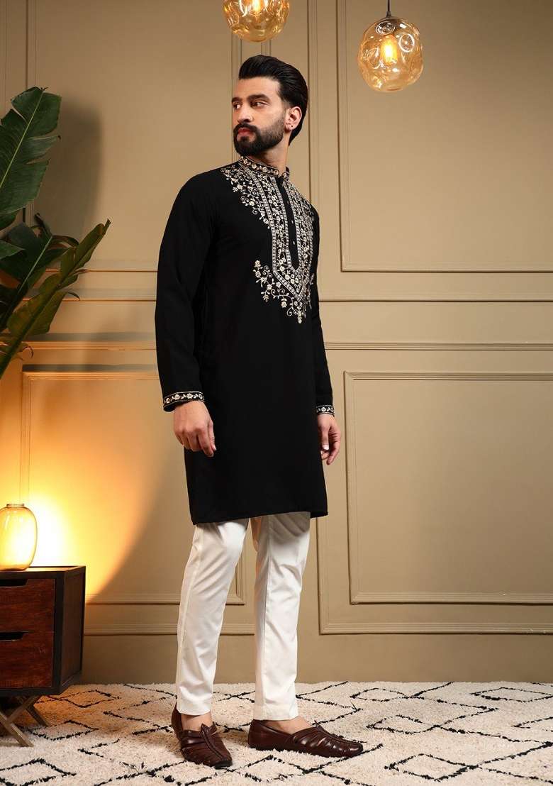Black Embroidered Armani Lachko Kurta Pyjama For Men - Indya