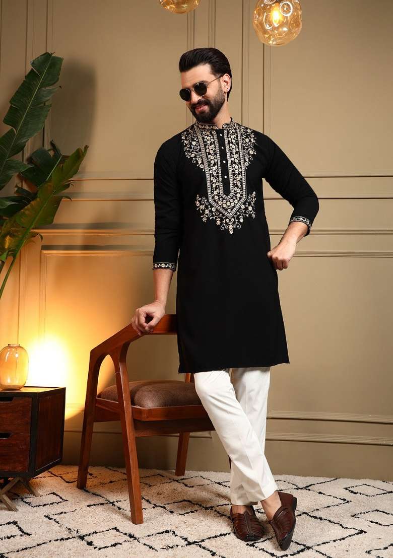 Black Embroidered Armani Lachko Kurta Pyjama For Men - Indya