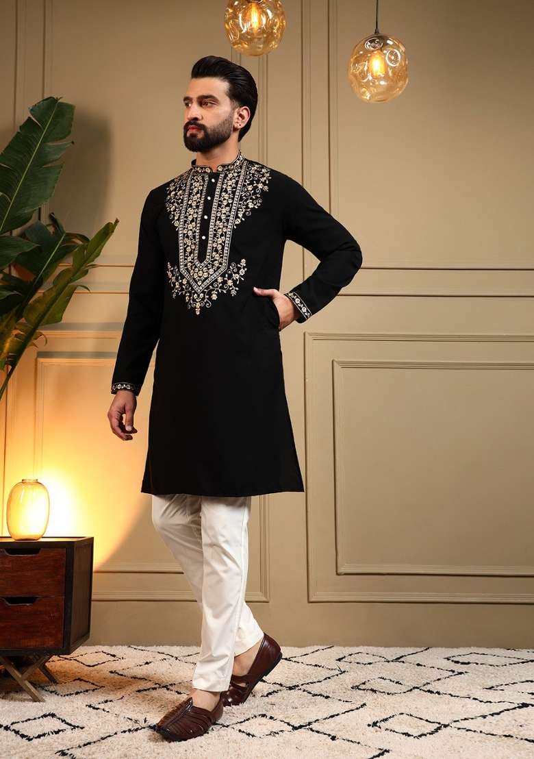 Black Embroidered Armani Lachko Kurta Pyjama For Men - Indya