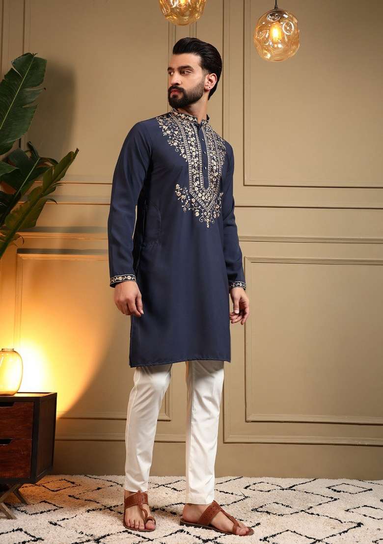 Navy Blue Embroidered Armani Lachko Kurta Pyjama For Men - Indya