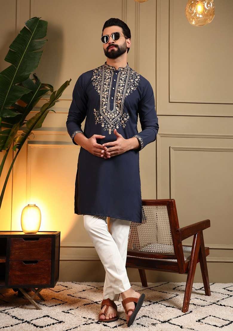 Navy Blue Embroidered Armani Lachko Kurta Pyjama For Men - Indya