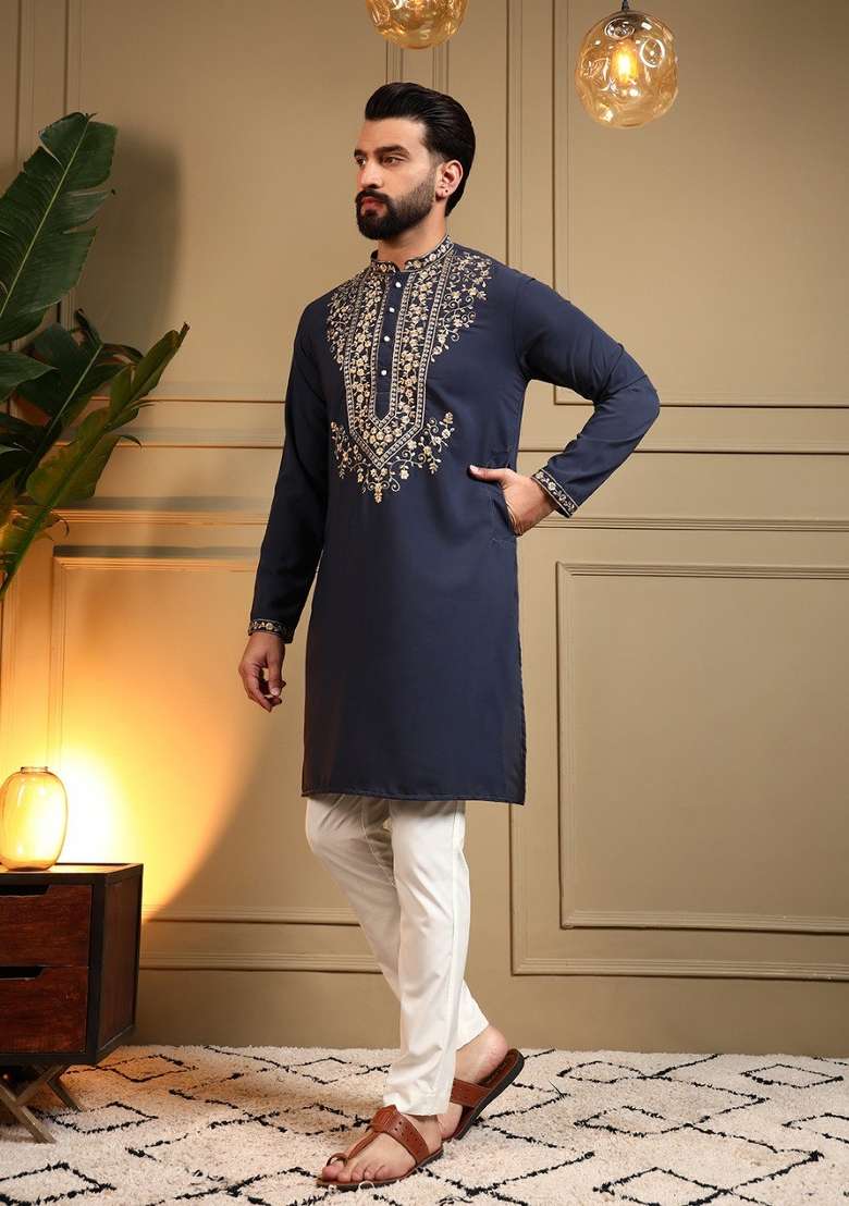 Navy Blue Embroidered Armani Lachko Kurta Pyjama For Men - Indya