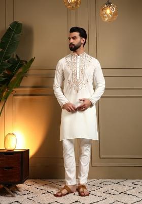 White Embroidered Armani Lachko Kurta Pyjama For Men