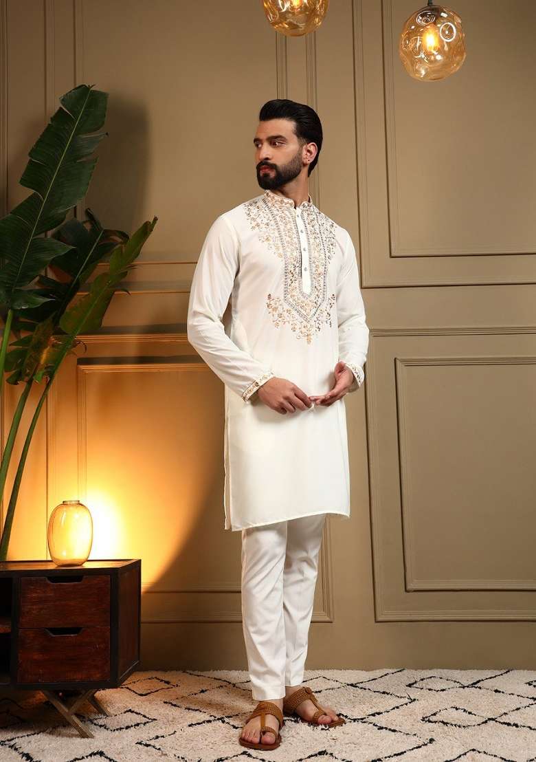 White Embroidered Armani Lachko Kurta Pyjama For Men - Indya