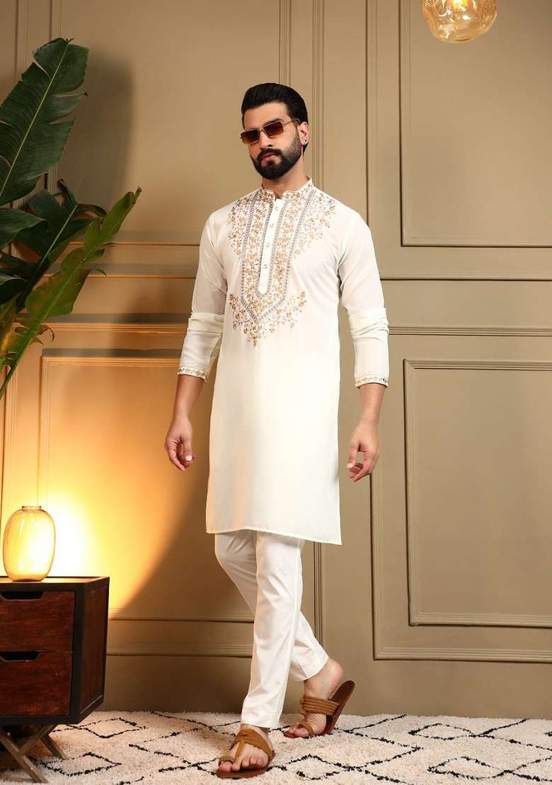 White Embroidered Armani Lachko Kurta Pyjama For Men - Indya