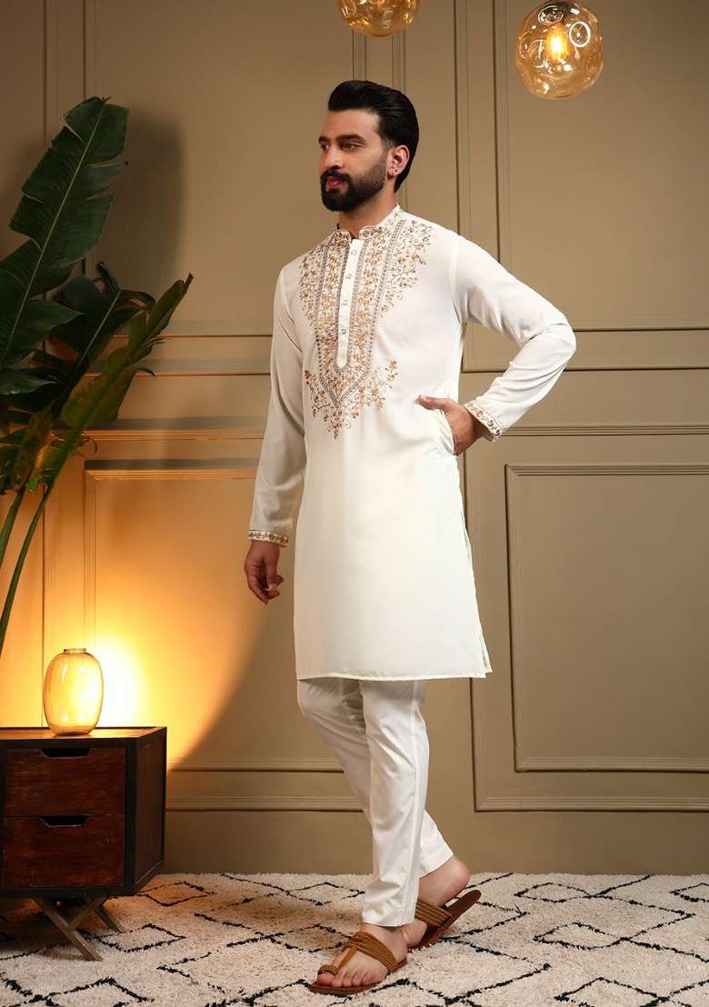 White Embroidered Armani Lachko Kurta Pyjama For Men - Indya