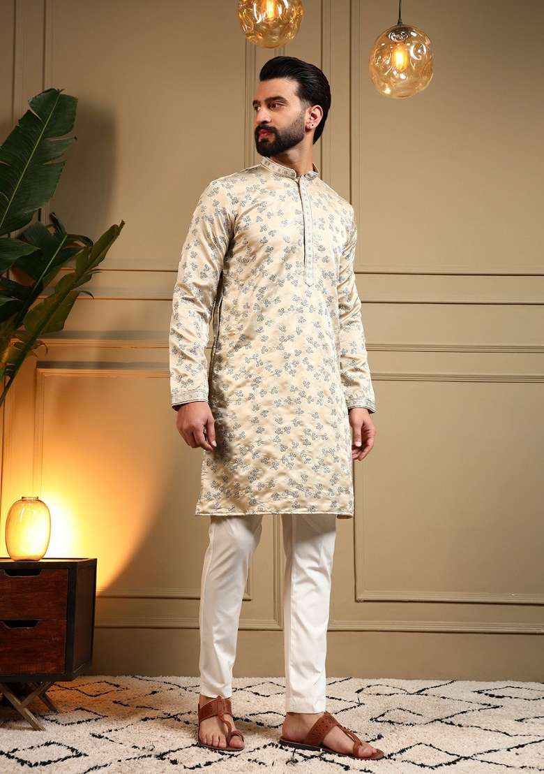 Cream Embroidered Silk Blend Kurta Pyjama For Men - Indya