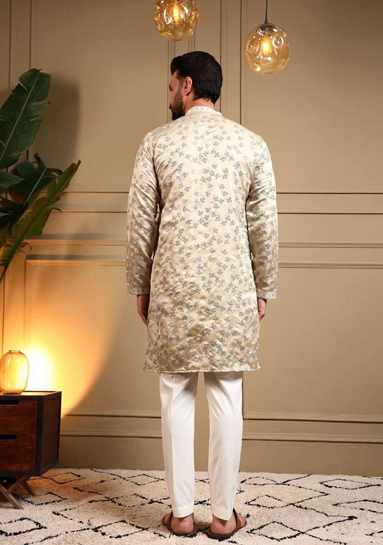 Cream Embroidered Silk Blend Kurta Pyjama For Men - Indya