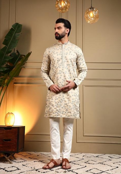 Cream Embroidered Silk Blend Kurta Pyjama For Men