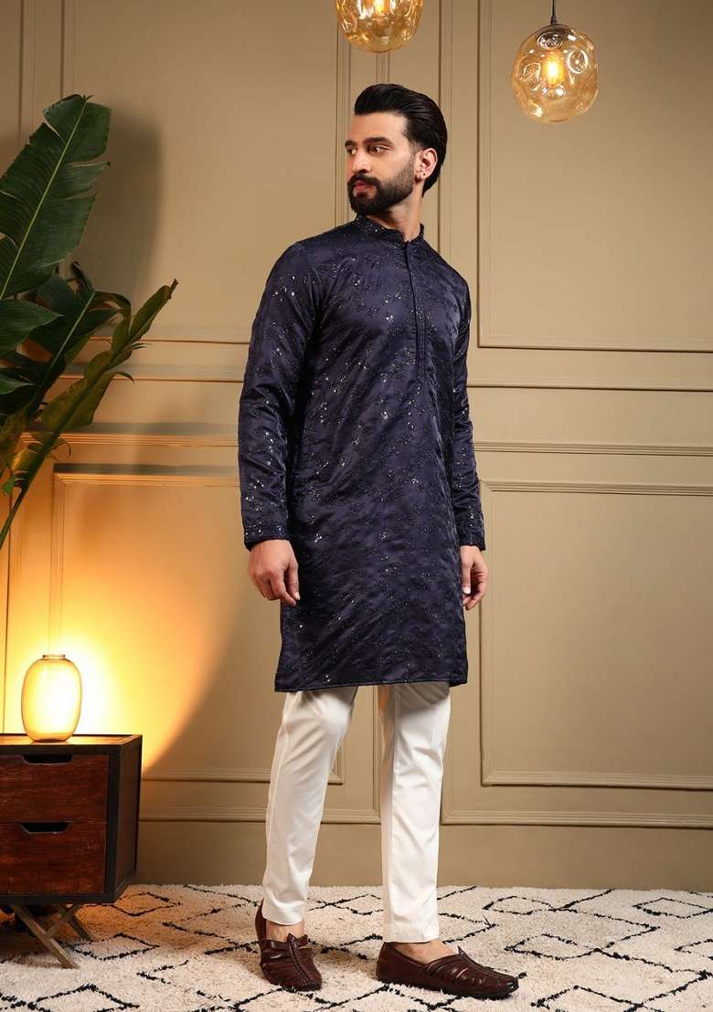 Blue Embroidered Silk Blend Kurta Pyjama For Men - Indya