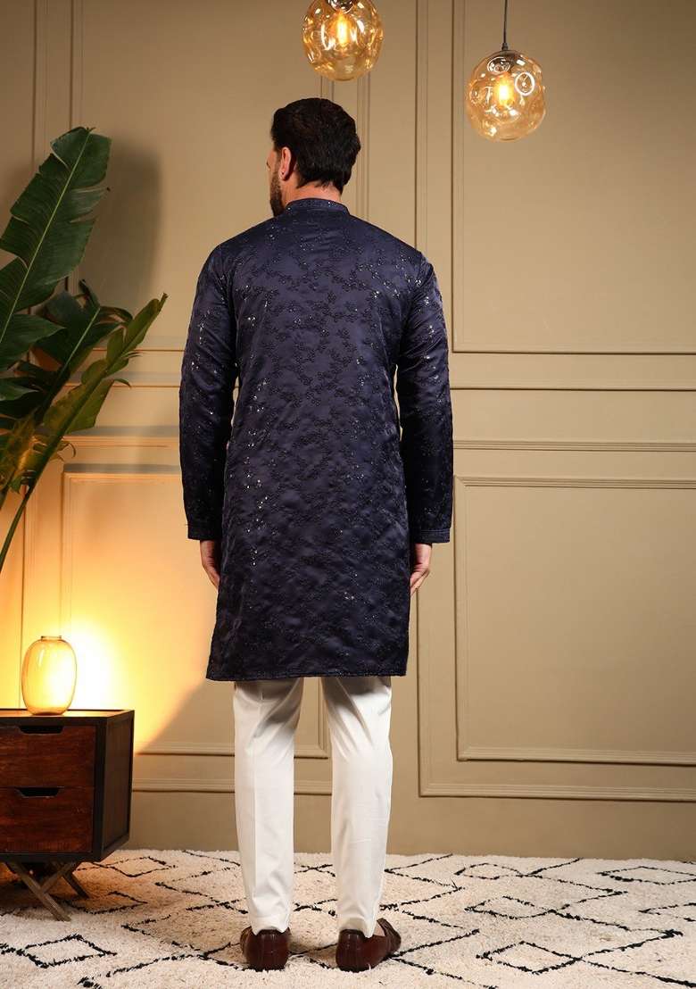 Blue Embroidered Silk Blend Kurta Pyjama For Men - Indya