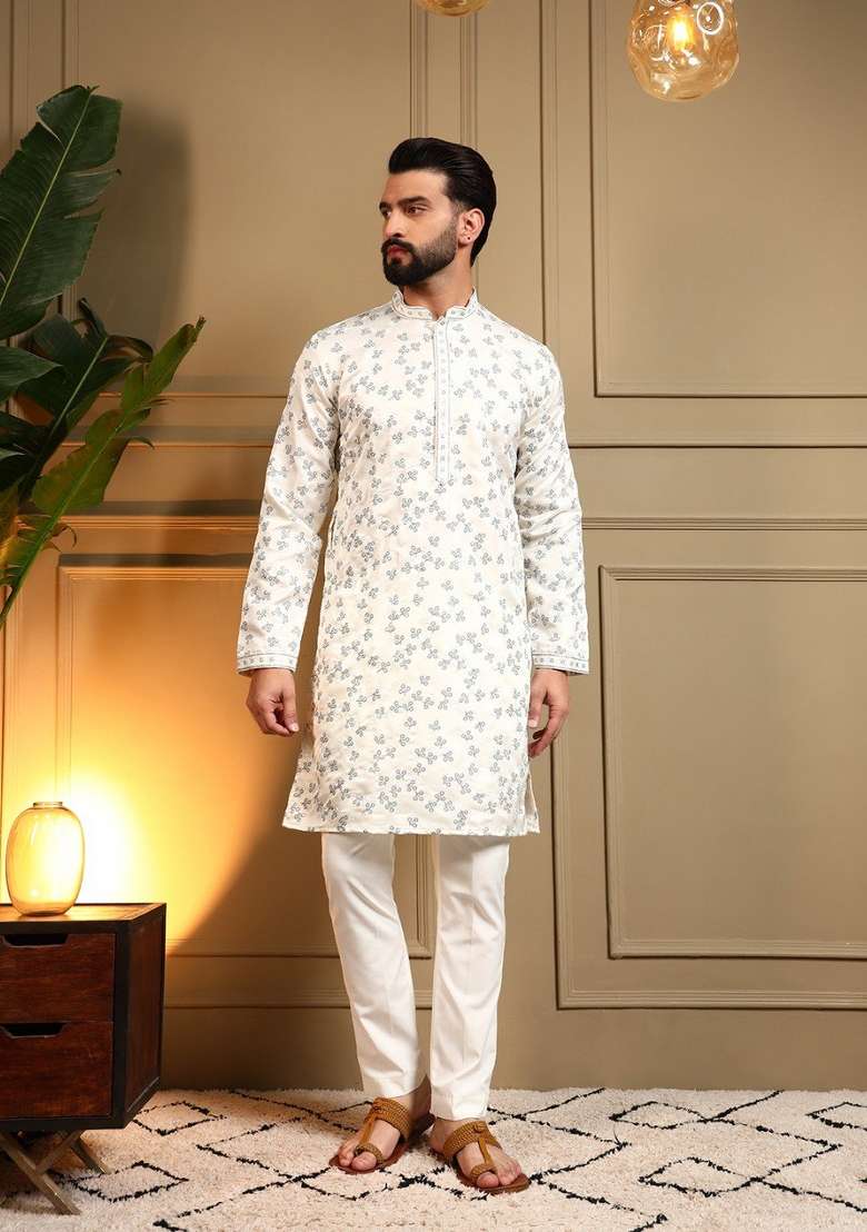White Embroidered Silk Blend Kurta Pyjama For Men - Indya
