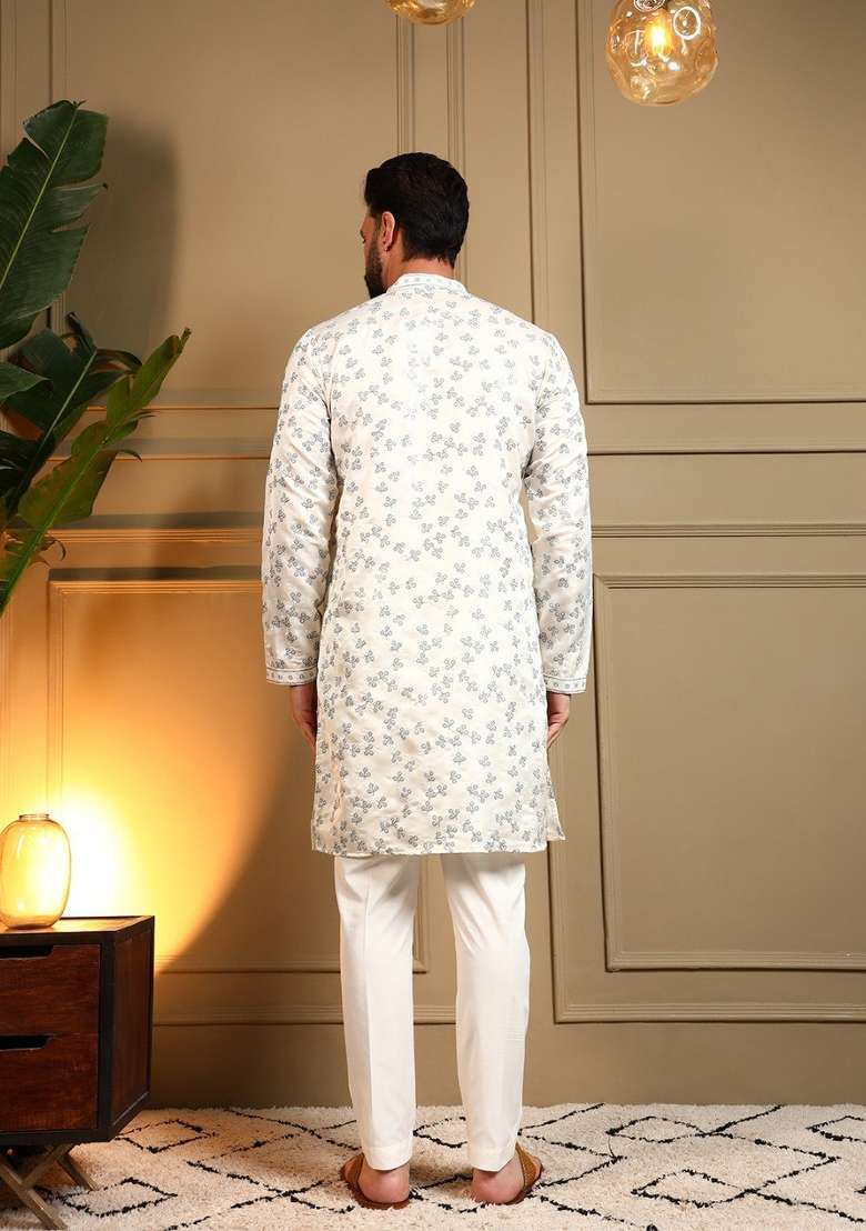 White Embroidered Silk Blend Kurta Pyjama For Men - Indya