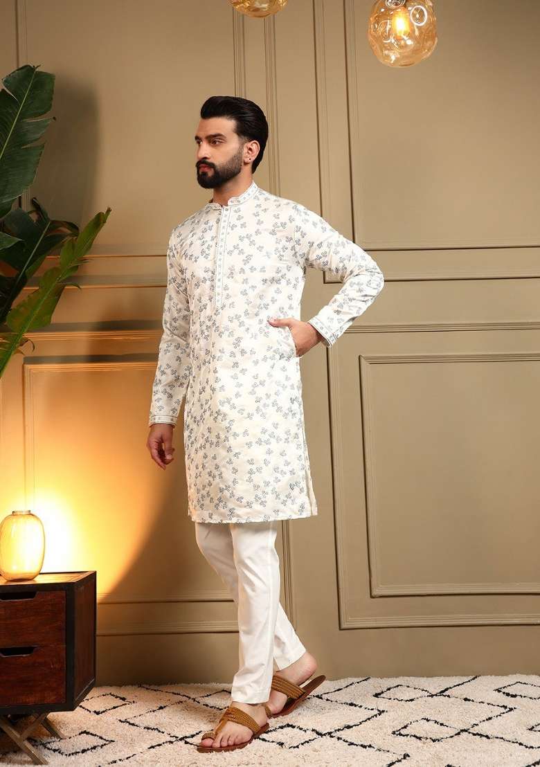 White Embroidered Silk Blend Kurta Pyjama For Men - Indya
