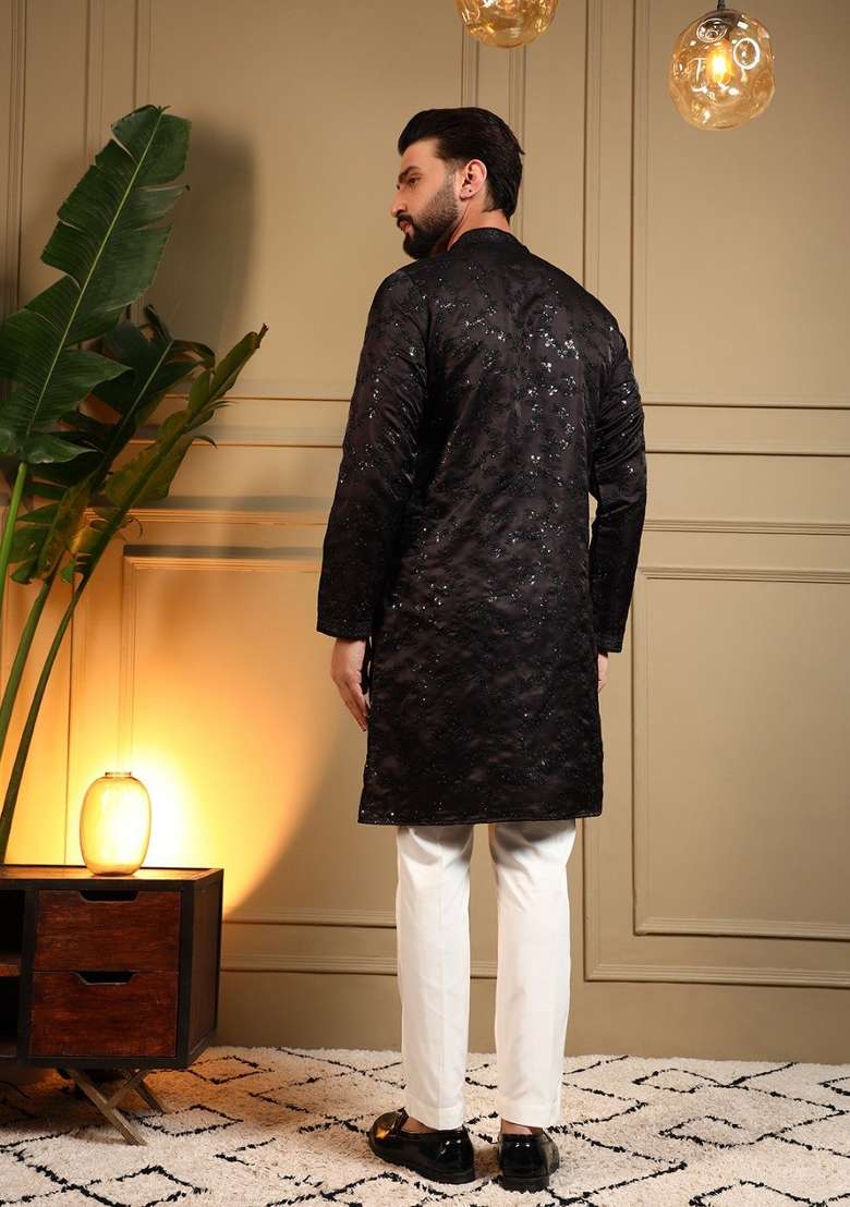 Black Embroidered Silk Blend Kurta Pyjama For Men - Indya
