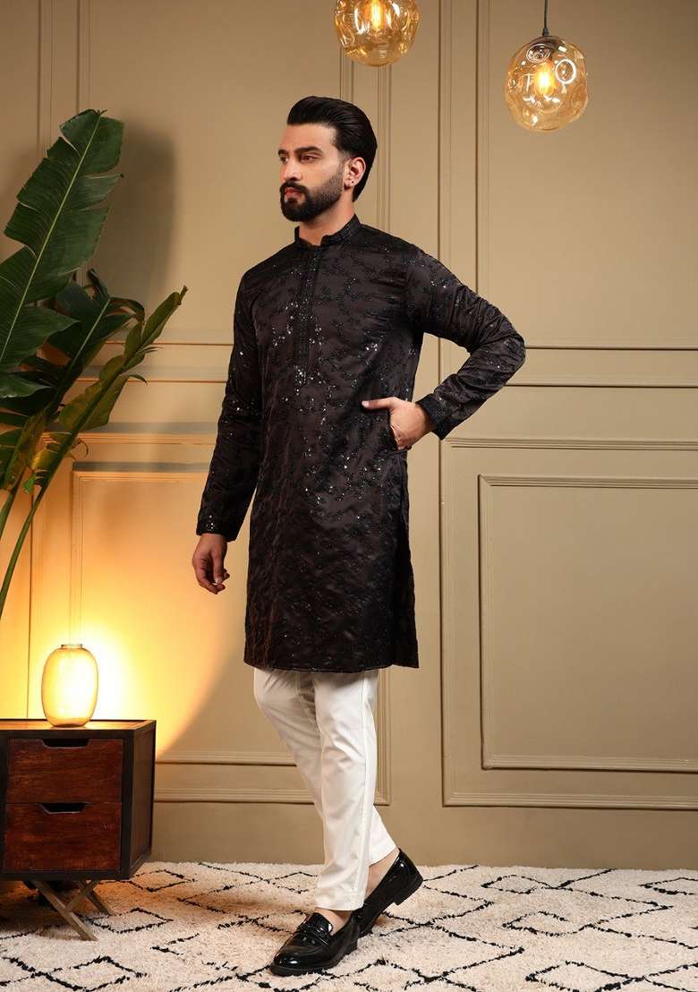Black Embroidered Silk Blend Kurta Pyjama For Men - Indya