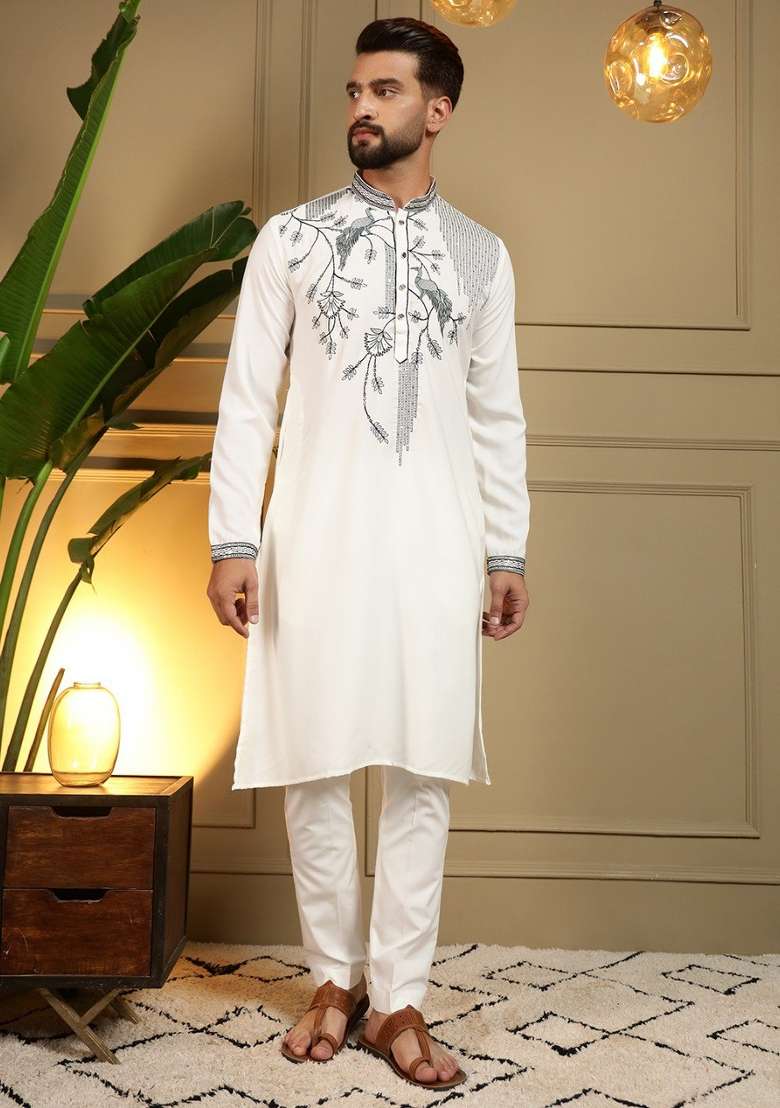 White Embroidered Silk Blend Kurta Pyjama For Men - Indya