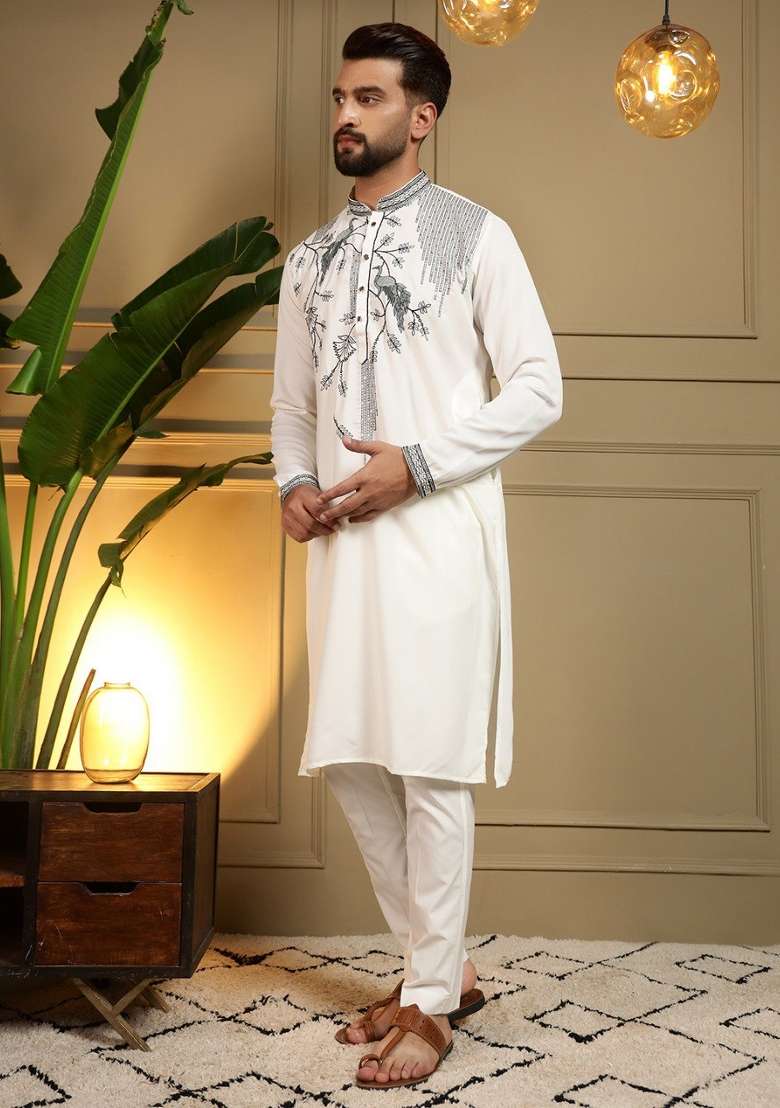 White Embroidered Silk Blend Kurta Pyjama For Men - Indya