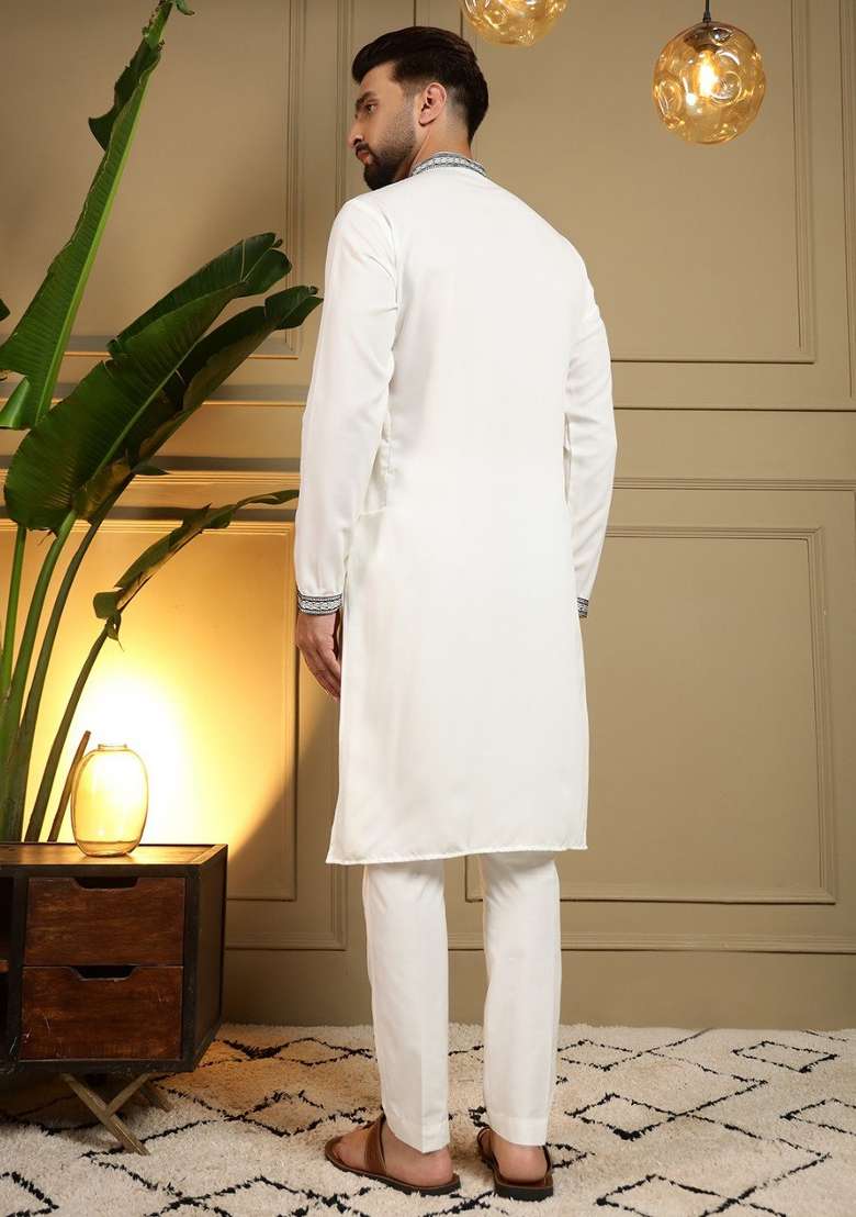 White Embroidered Silk Blend Kurta Pyjama For Men - Indya