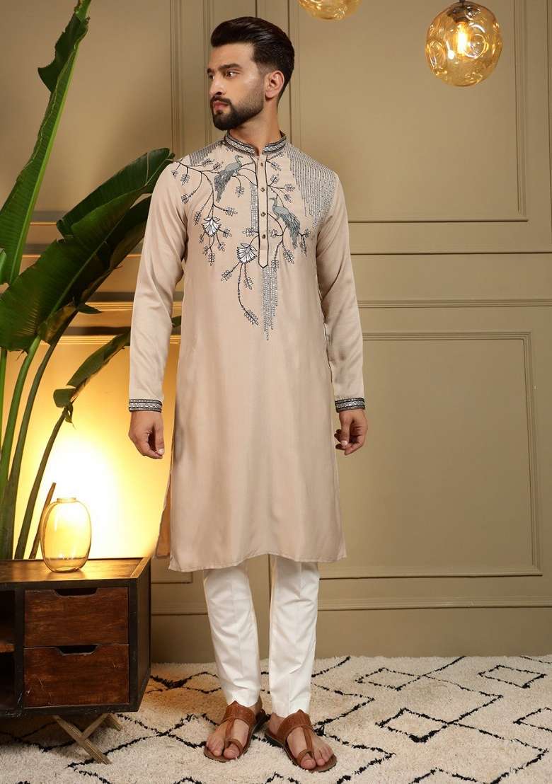 Beige Embroidered Silk Blend Kurta Pyjama For Men - Indya
