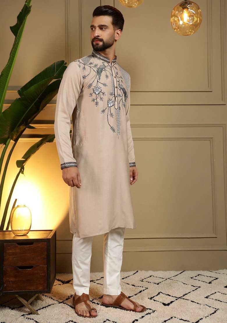 Beige Embroidered Silk Blend Kurta Pyjama For Men - Indya