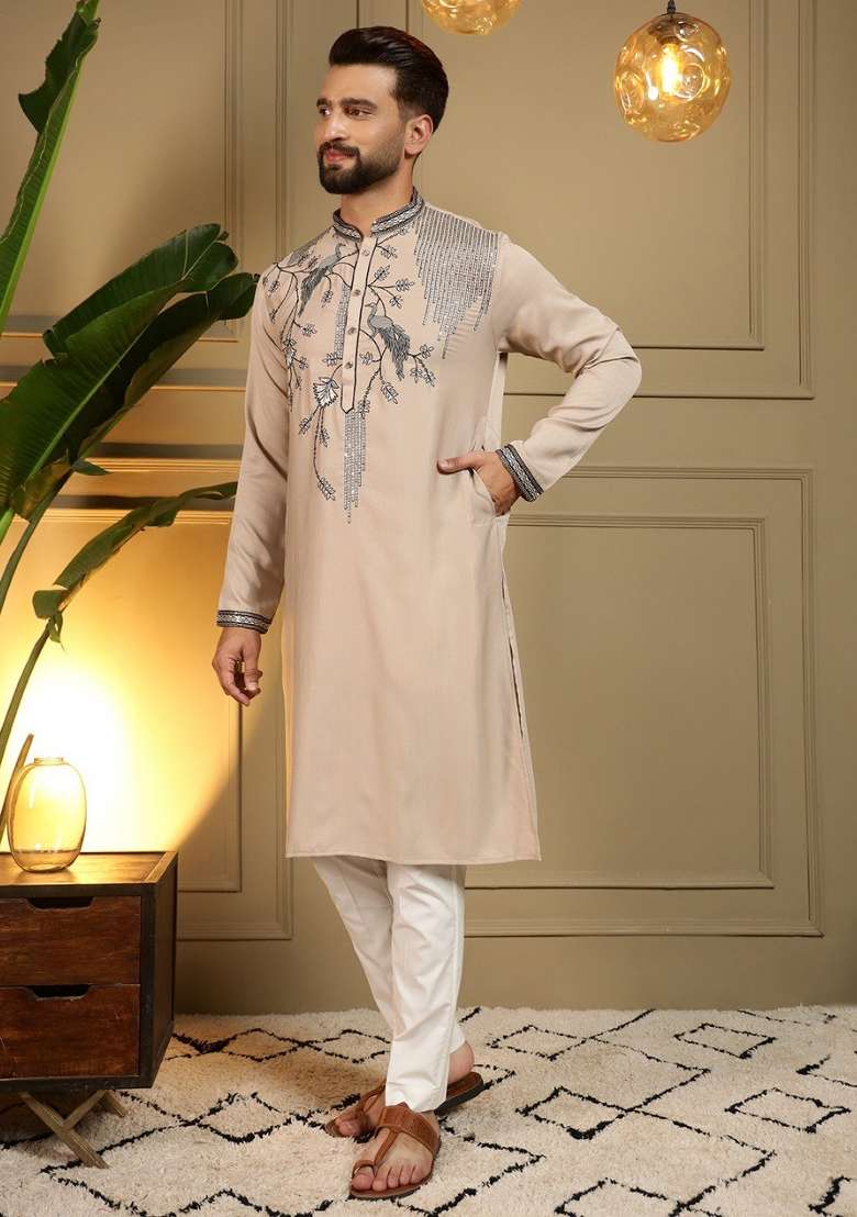 Beige Embroidered Silk Blend Kurta Pyjama For Men - Indya