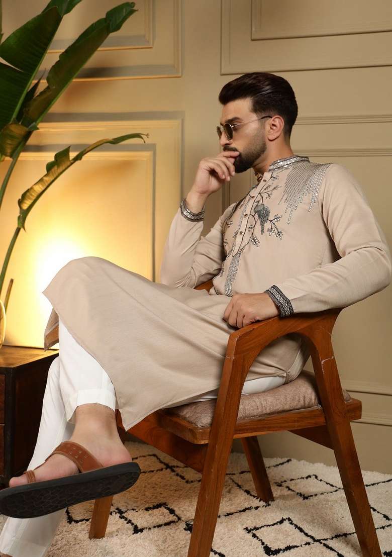 Beige Embroidered Silk Blend Kurta Pyjama For Men - Indya