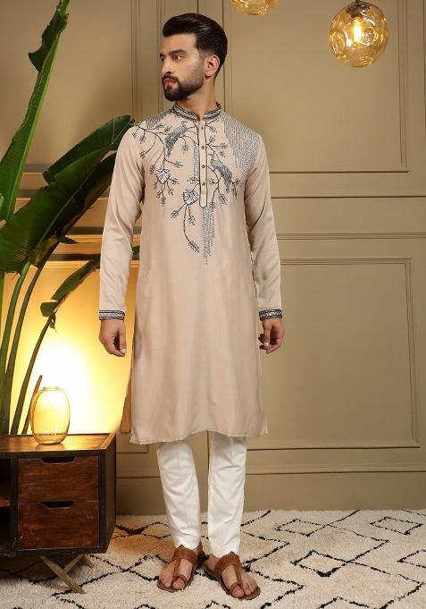Beige Embroidered Silk Blend Kurta Pyjama For Men