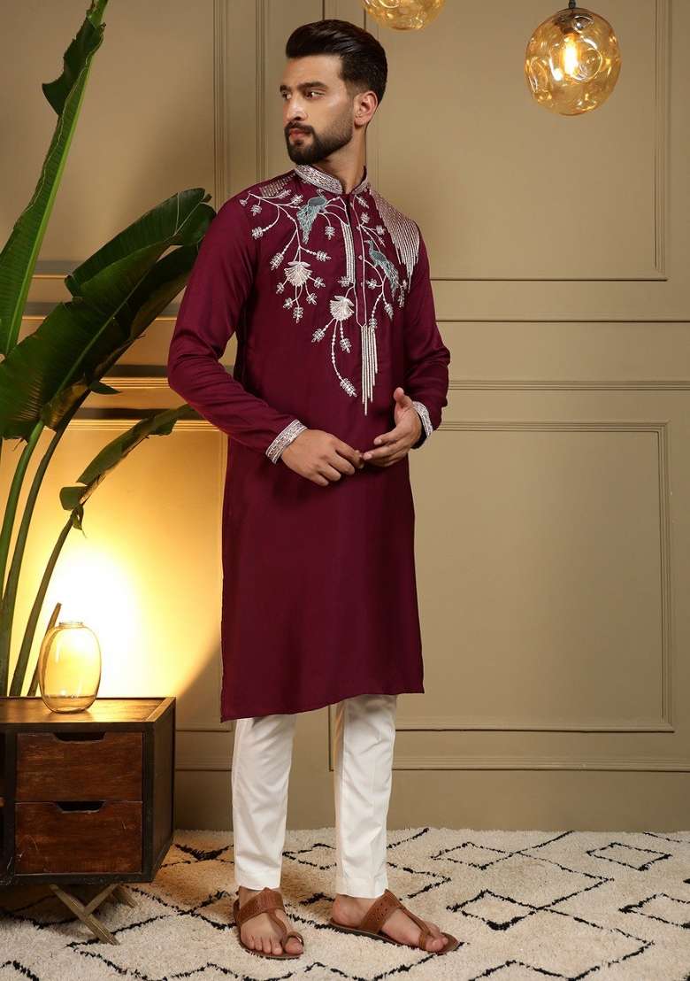 Maroon Embroidered Silk Blend Kurta Pyjama For Men - Indya