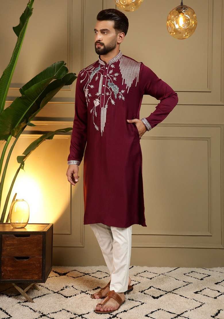 Maroon Embroidered Silk Blend Kurta Pyjama For Men - Indya