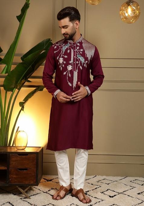 Maroon Embroidered Silk Blend Kurta Pyjama For Men