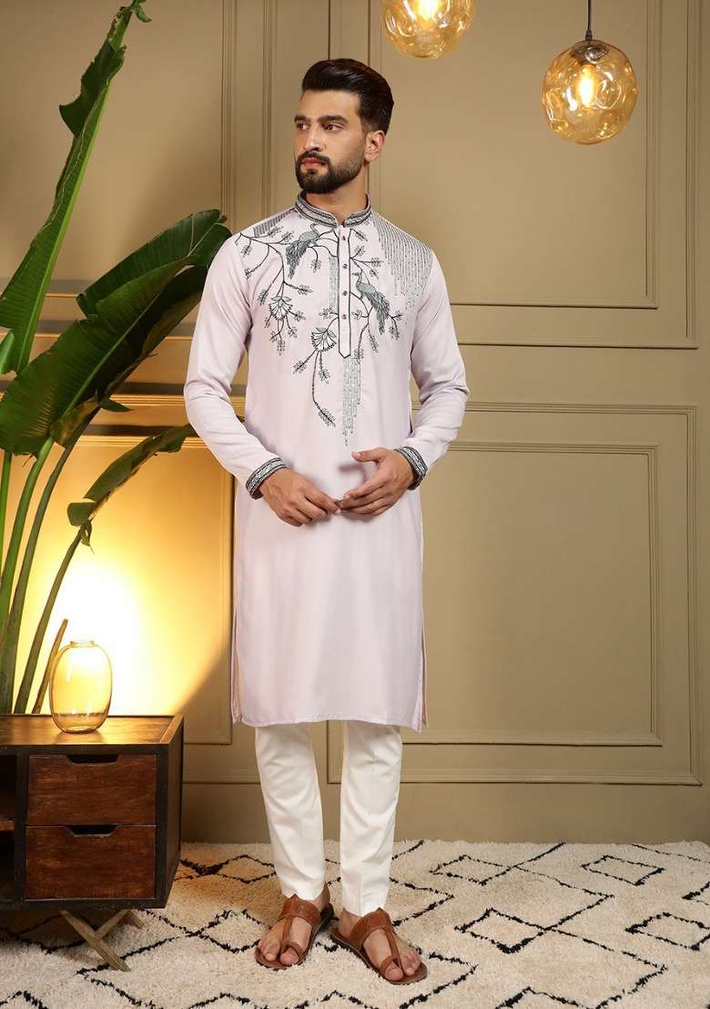 Light Pink Embroidered Silk Blend Kurta Pyjama For Men - Indya