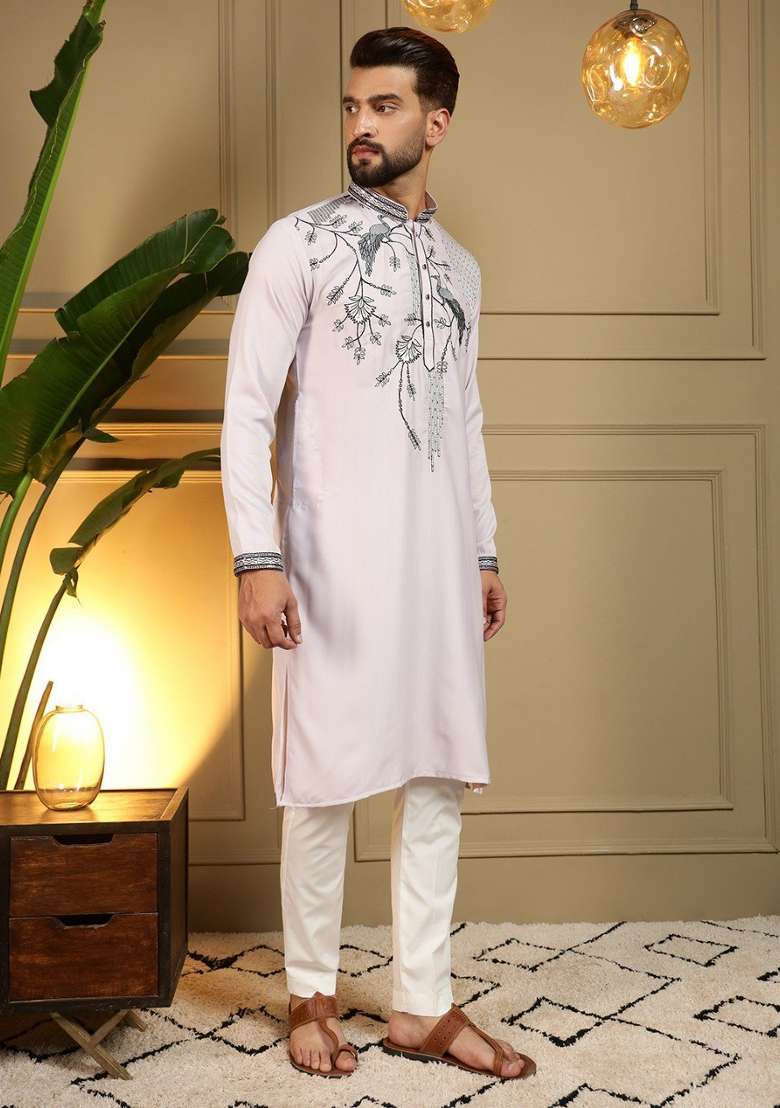 Light Pink Embroidered Silk Blend Kurta Pyjama For Men - Indya