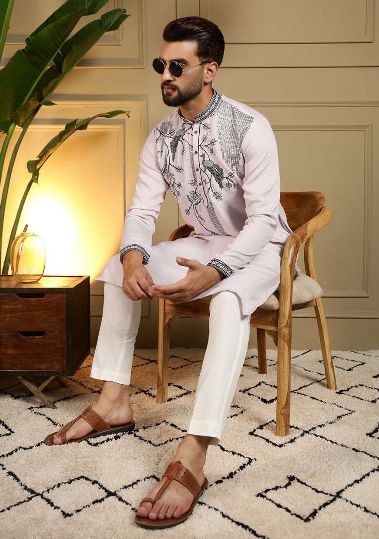 Light Pink Embroidered Silk Blend Kurta Pyjama For Men - Indya