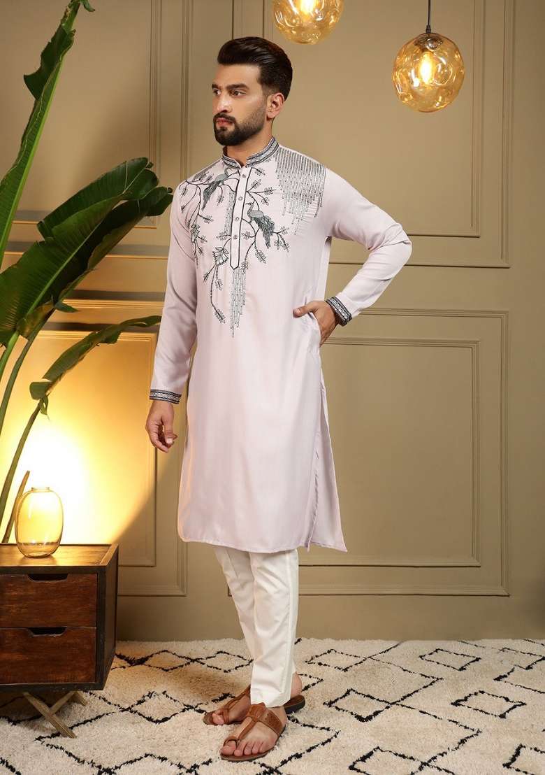 Light Pink Embroidered Silk Blend Kurta Pyjama For Men - Indya